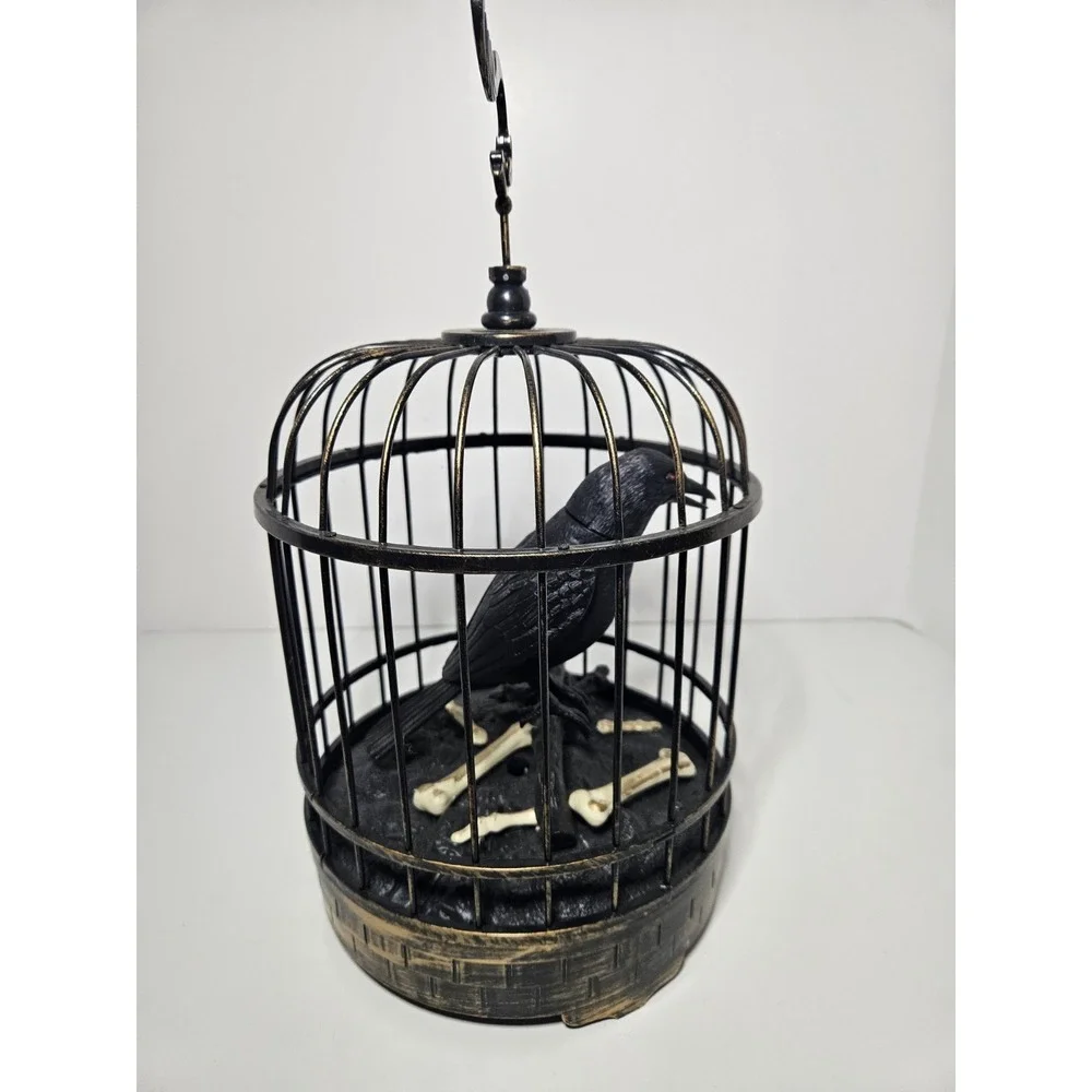 Talking Raven Crow Bird Cage Halloween Prop Decor Home Accents Holiday Animated